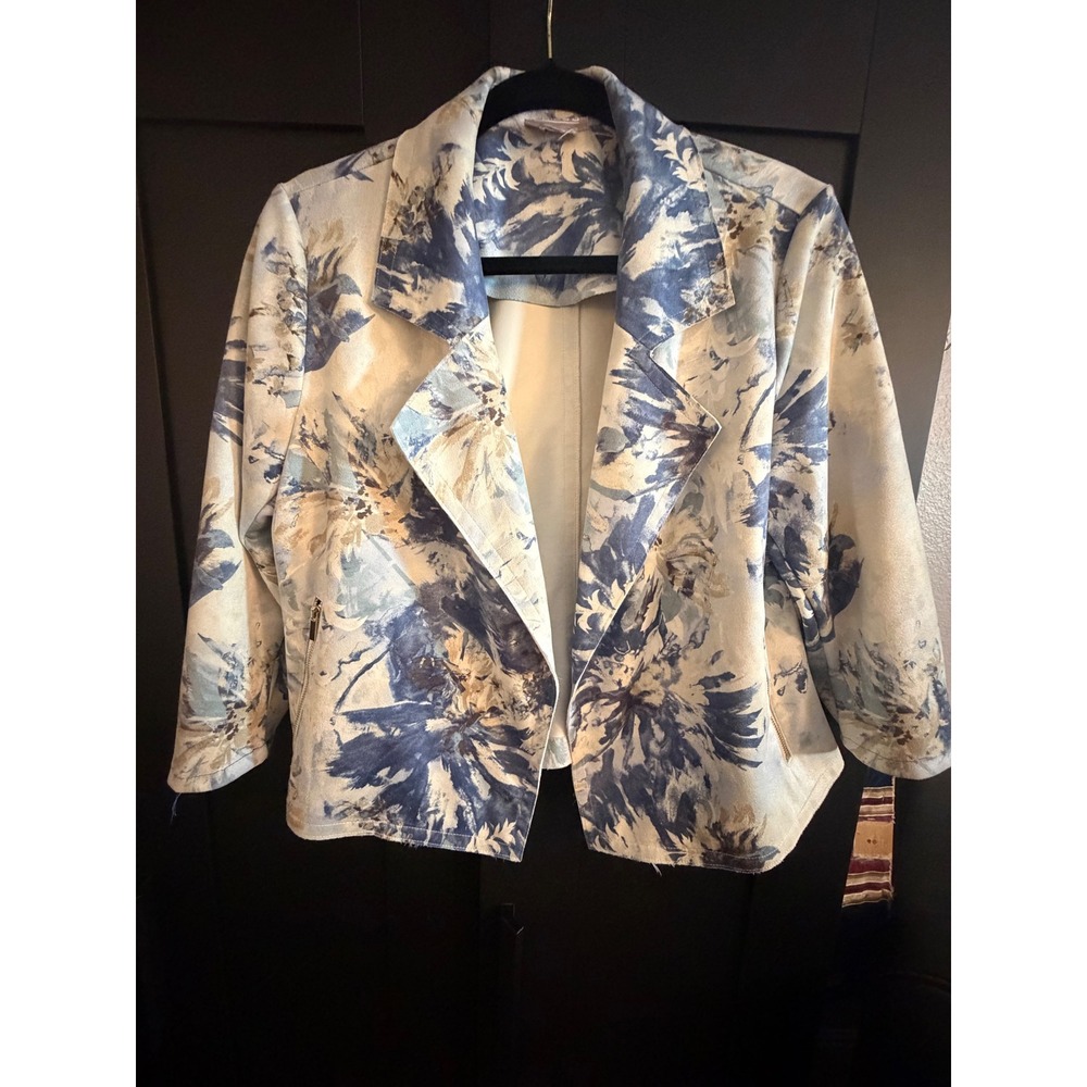 Chicos Blue Floral Open Front Blazer Jacket Zip Pockets